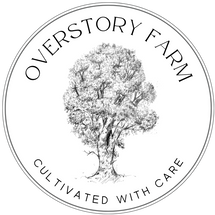Logo of Overstory Farm with an illustration of a tree and text 'Cultivated with Care' on a white background.